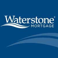 Waterstone Mortgage logo on a blue background, featuring white text with a stylized wave graphic—the perfect inspiration for a custom home builder in St. Cloud.